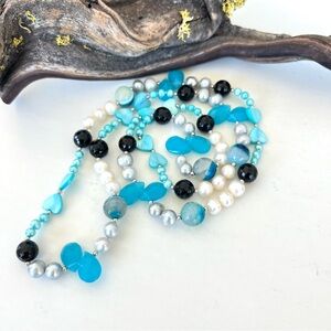 HANDMADE Natural Pearls w Multicolor Blue Beads Long   Classic Boho Necklace